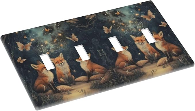 Decorative Art Light Switch Covers Foxes & Forest Quad Toggle 4 Gang Wall Plate Switch plate Electrical Faceplate for Home Decor