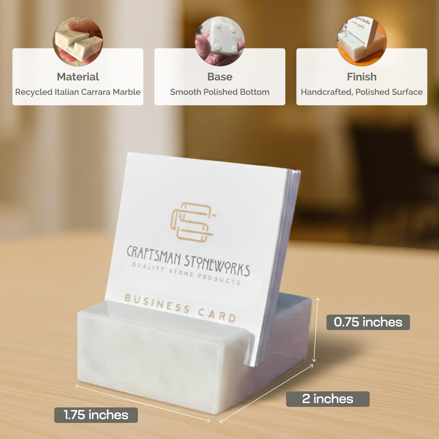 Elegant White Carrara Marble Square Business Card Holder for Desk - Stylish Card Display Stand and Organizer for Women and Men - Business Card Holder Desk made with Recycled Marble.
