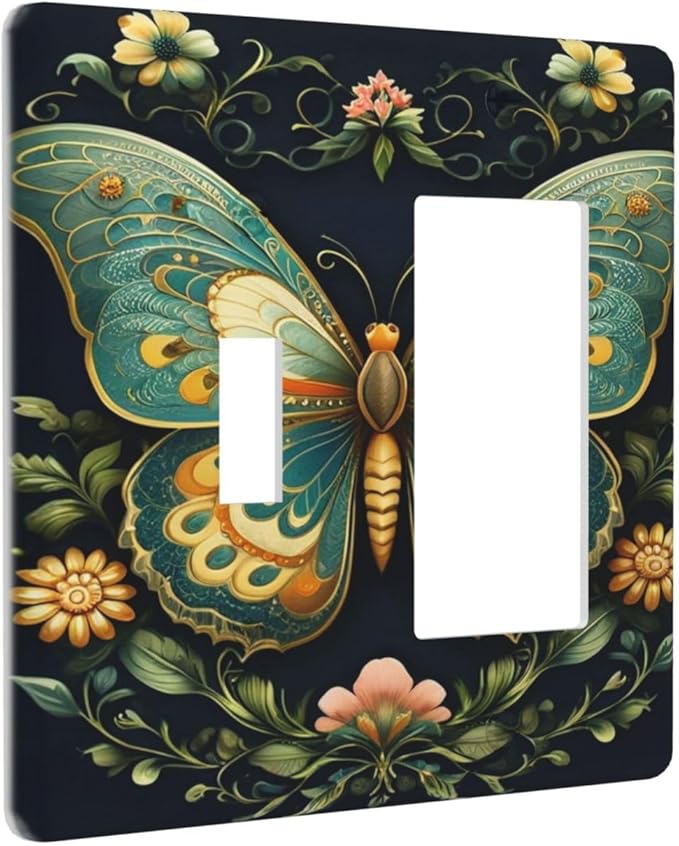 Butterfly, Ornate, Floral Design, Symmetrical, Detailed, Intricate Pattern, Vibrant Colors, Teal, Orange, Yellow, Dark Background, Decorative Art, L