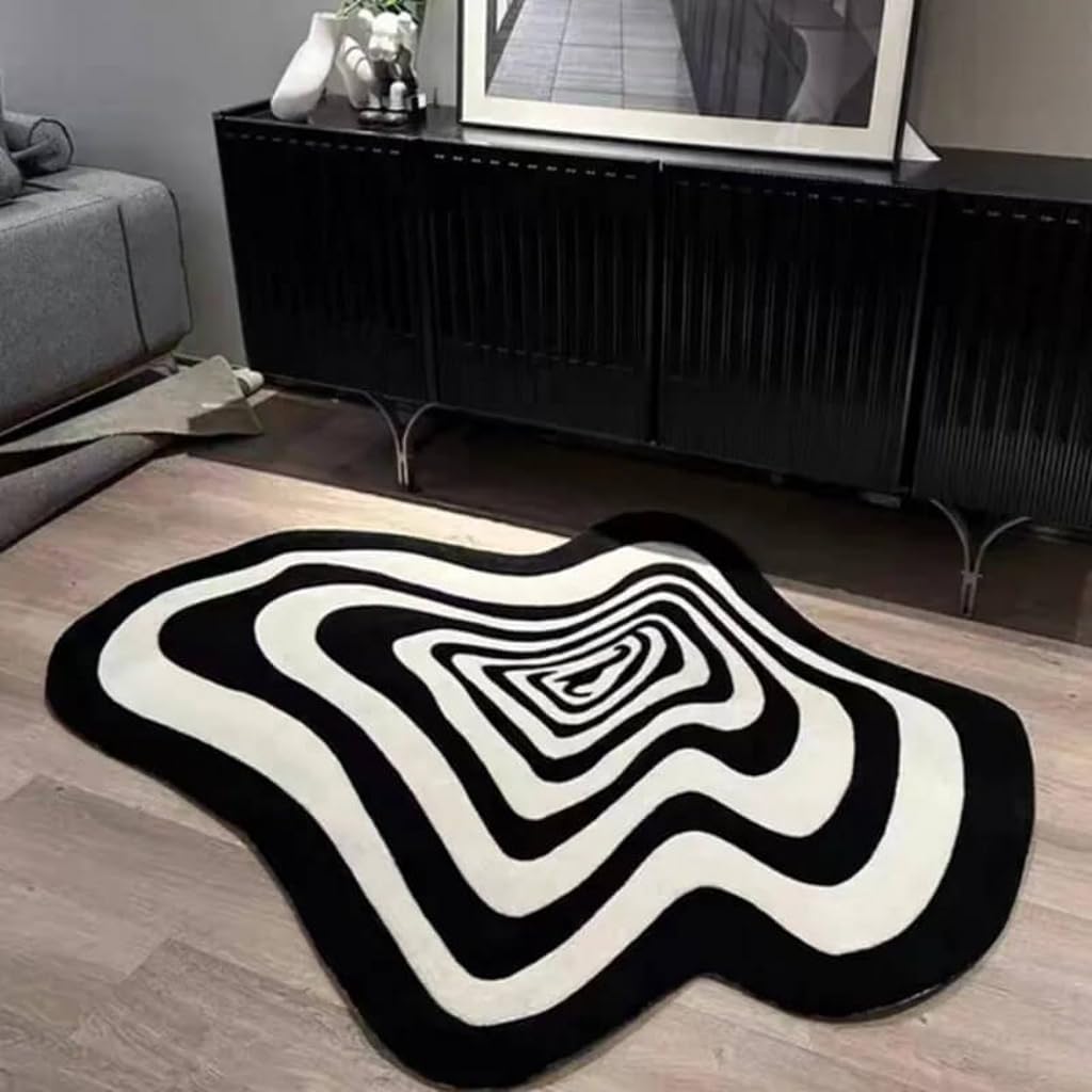 Black and White Abstract Striped Irregular Shape Area Rug 6ft Faux Wool Ultra Soft Rug for Livingroom Bedroom Diningroom Aesthetic Home Office Decor Playroom Carpet