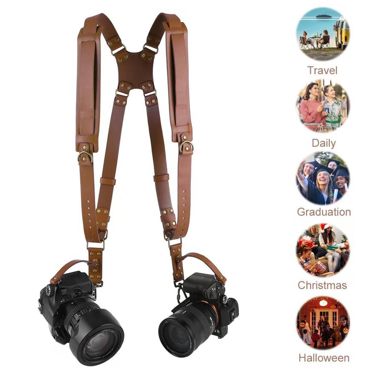 TROUVAILLE Camera Shoulder Strap, Dual Shoulder Leather Harness, Adjustable Leather Rivet Double Harness Shoulder Strap Accessory for DSLR/SLR, Brown