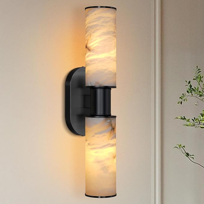 22.2" Alabaster Wall Sconce, Brass Bathroom Wall Sconce, Spanish Natural Marble Sconces Modern Wall Lights Lamps for Bedroom Living Room Stairs Indoor Hallway Vanity, Black
