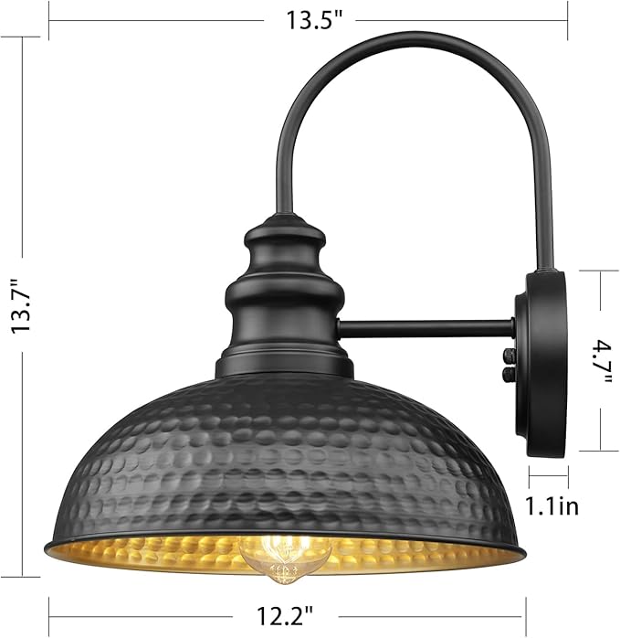 Farmhouse Outdoor Barn Light Fixture, 12 Inch Dome Gooseneck Exterior Wall Light, Rustic Outdoor Wall Sconce Outside Wall Mount Lantern with Bead Shape for Home, Porch, Garage, Doorway
