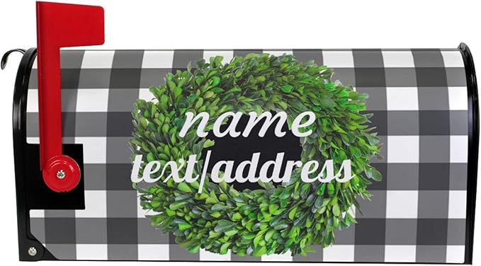 Kcldeci Custom Address Mailbox Covers Magnetic - Personalized Boxwood Wreath Plaid Mailbox Magnet Decor 21x18