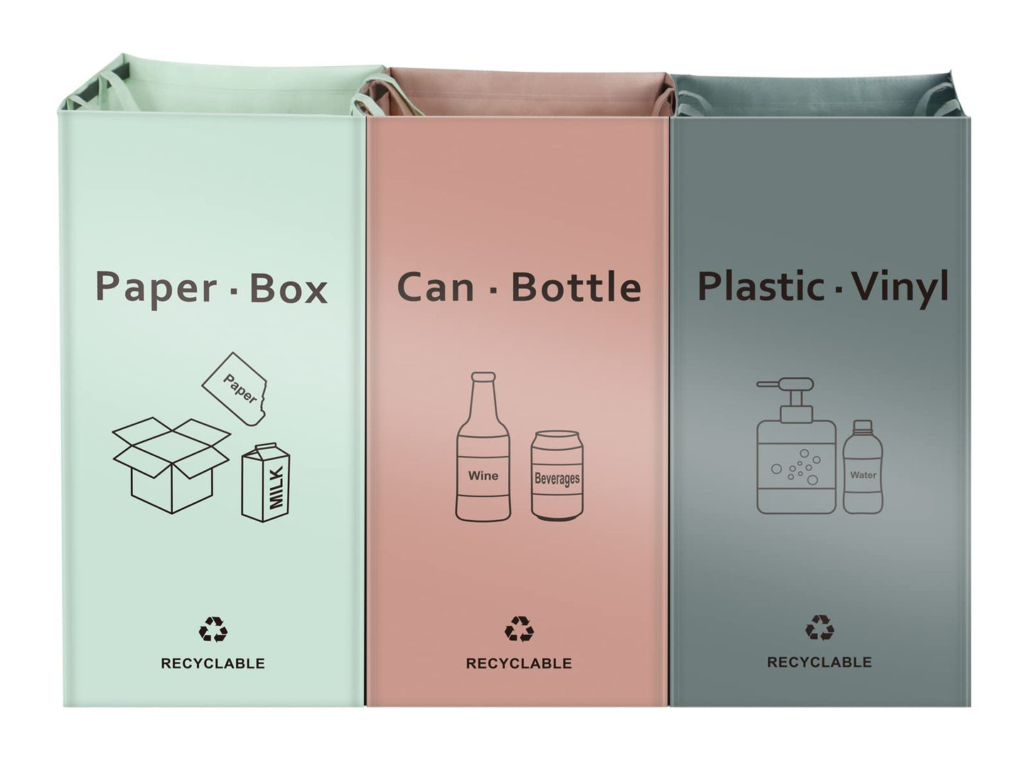 JIALAI HOME Separate Recycling Bin for Kitchen Home - Indoor Recycle Bins (Pink, Green, Gray) Waste Trash Sorting Bins, Reusable Waterproof Affordable Recycle Bags, Pack of 3 Bags