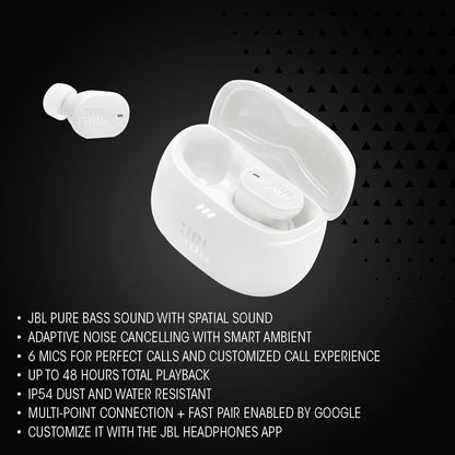 JBL Tune Buds 2 - True Wireless Noise Cancelling Earbuds with JBL Spatial Sound and Smart Ambient Technology, 6 mics for Perfect Calls, up to 48Hrs of Playback, IP54 Dust & Water Resistant (Black)