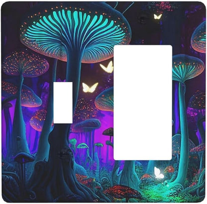 Fantasy Mushroom Forest Glowing Butterfly 2 Gang Combination Light Switch Cover Decorative Toggle Rocker/Decora Wall Plate Electrical Faceplate for Bathroom Kitchen Home Decor