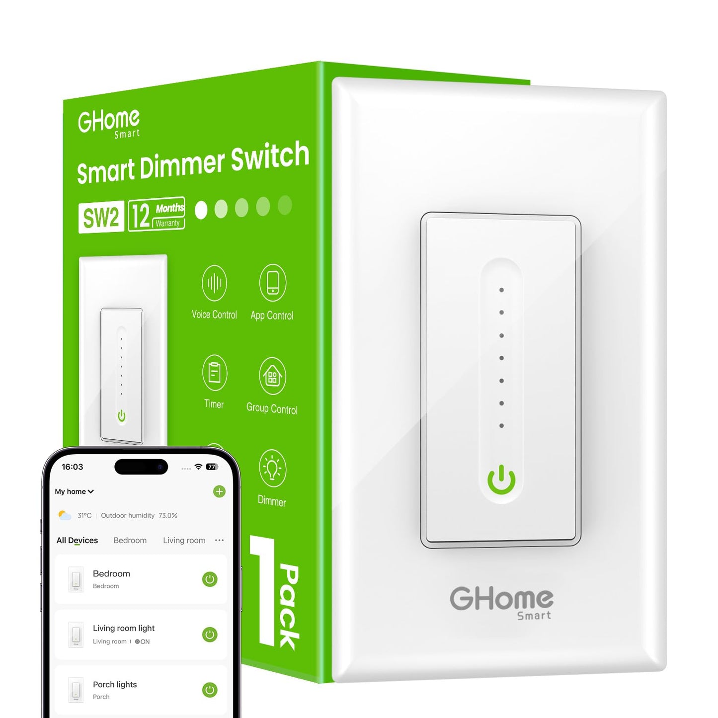 GHome Smart Dimmer Switch - 2.4GHz Wi-Fi Smart Switch Compatible with Alexa and Google Home, White 4 Pack