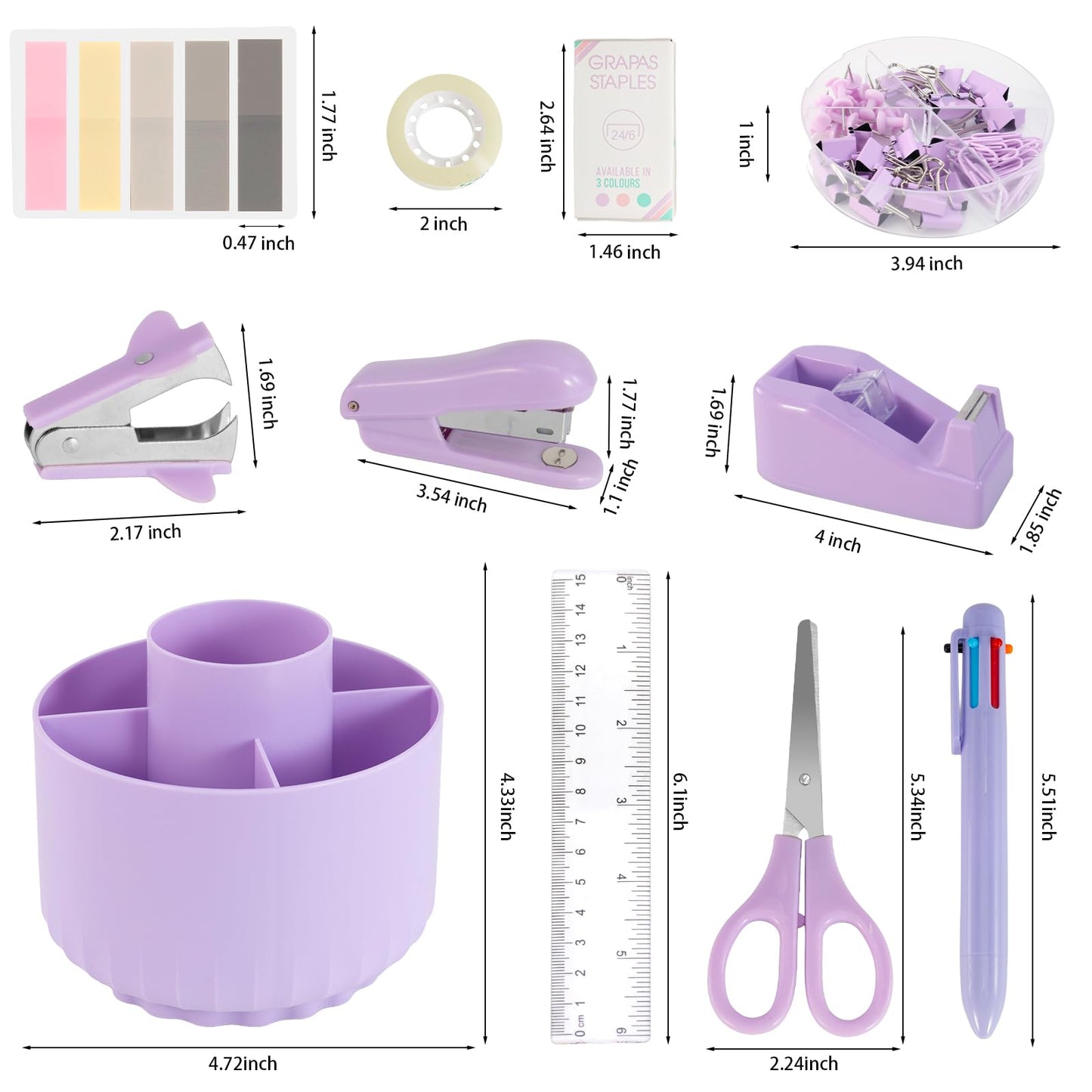 Smloplom Purple Desk Accessories, 11Pcs Desk Organizer with 360°Rotating Pen Holder, Stapler, Staples, Staple Remover, Pen, Ruler, Tape Dispenser, Tape, Clips, Scissor, Notes, Office Supplies