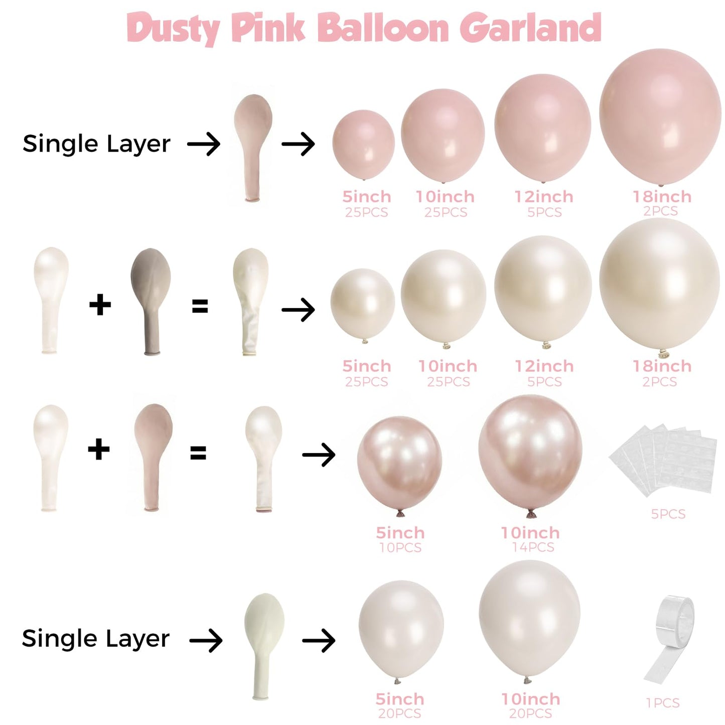 PTGOLUO Boho Dusty Pink Balloon Arch Garland Kit 153pcs, Double Stuffed White Pearl Balloon Blush Neutral Pink Balloons Arch Kit for Birthday Wedding Bridal Baby Shower Gender Reveal Party Decoration