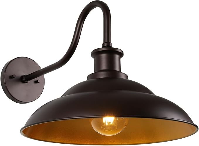 Outdoor Gooseneck Barn Light Fixture, 16 Inch Dome Large Wall Sconce, Farmhouse Exterior Wall Mount Light for House Garage Patio Doorway, Oil Rubbed Bronze, 1 Pack