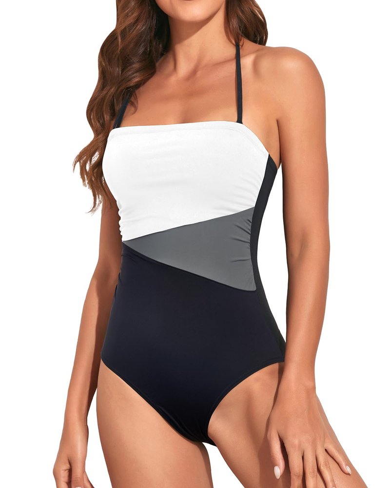 Holipick Women Black White Grey Strapless Bandeau One Piece Swimsuits Tummy Control Bathing Suits Halter Strapless Swimwear L