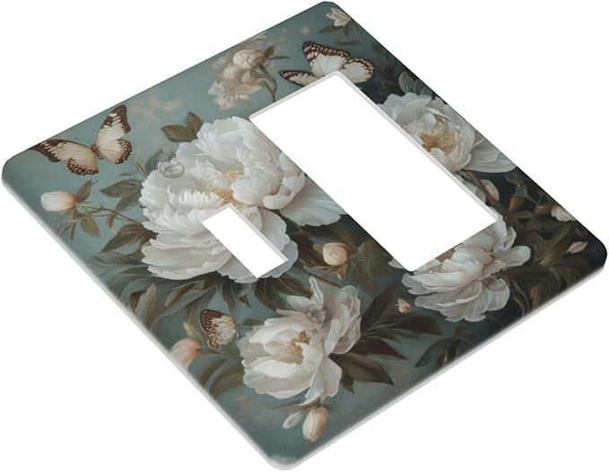 Decorative Art Light Switch Covers Butterflies & Peonies 2 Gang Single Toggle Rocker Combination Electrical Faceplate Switchplate Wall Plate for Home Decor