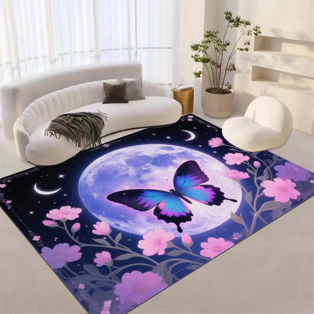 Pink Flower Plants Area Rugs, 3x4ft, Shining Planet Moon 3D Print Pattern Carpet, Washable Rugs Mat, with Nonslip Backing Thermal Carpet, for Indoor Bedroom Living Room Home Office