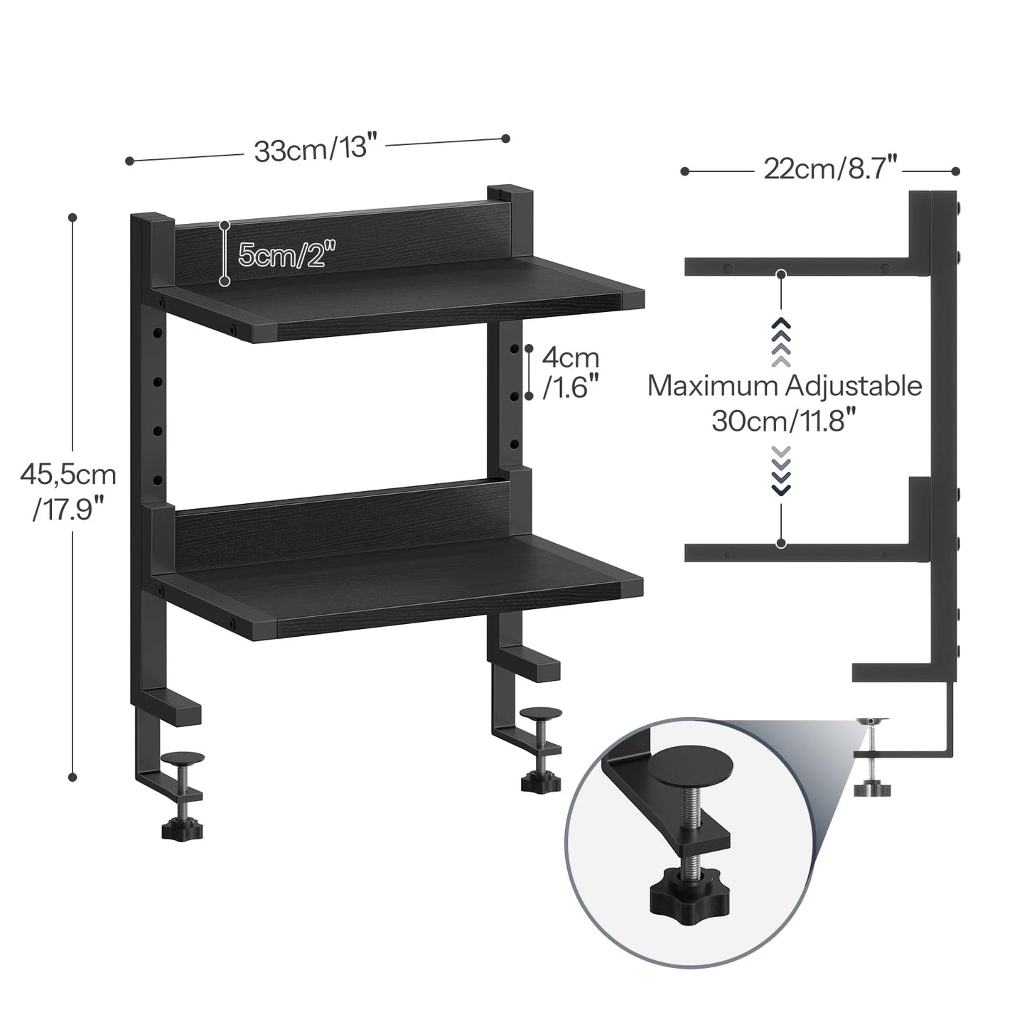 HOOBRO Clamp On Desk Shelf, 2-Tier Desktop Organizer, Space-Saving Desk Shelf with Adjustable Shelves, for Office, Study, Entertainment Accessories, Black BK32SJ01
