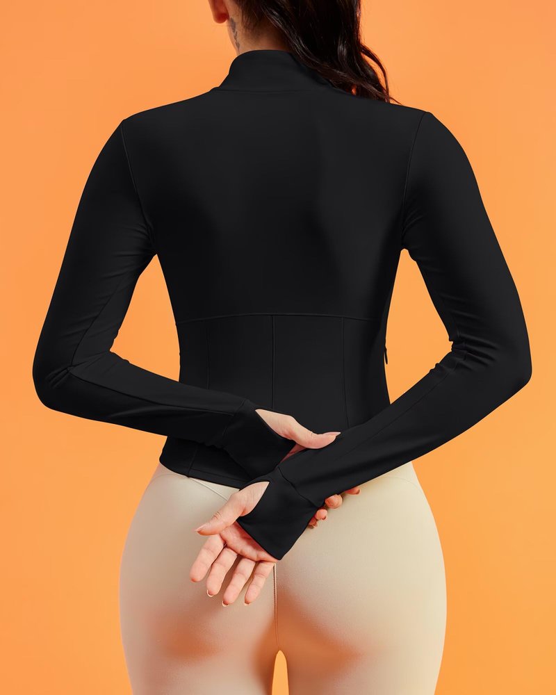 Queenie Ke BareLuxe Corset BBL Jacket for Women Zip Up Waist-Length Cropped Running Workout Athletic Top with Thumb Holes (Black, Medium)