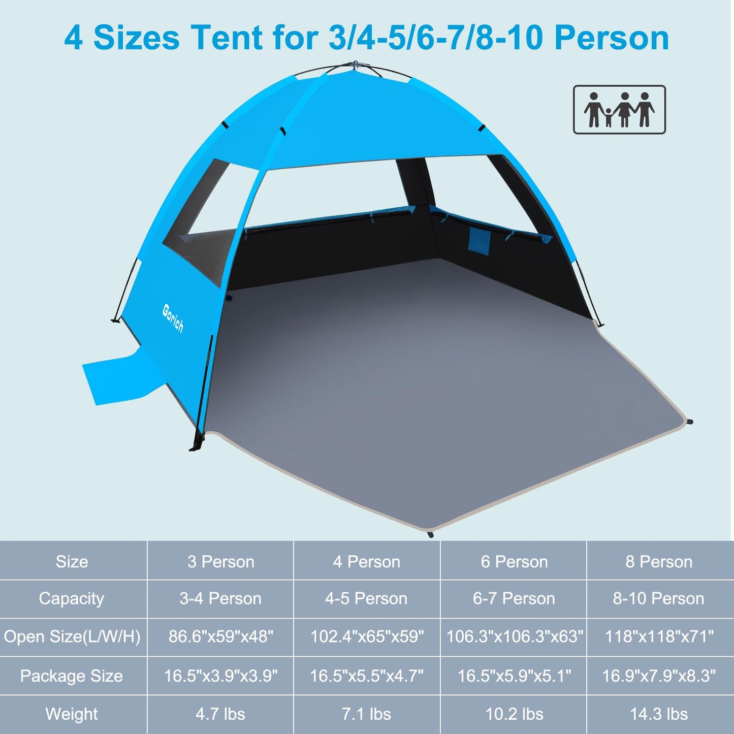 Gorich Beach Tent Sun Shelter for 3/4/6/8/10 Person with UPF 50＋ UV Protection, Lightweight & Easy Setup Beach Shade Canopy, Portable Beach Shade Tent Beach Cabana