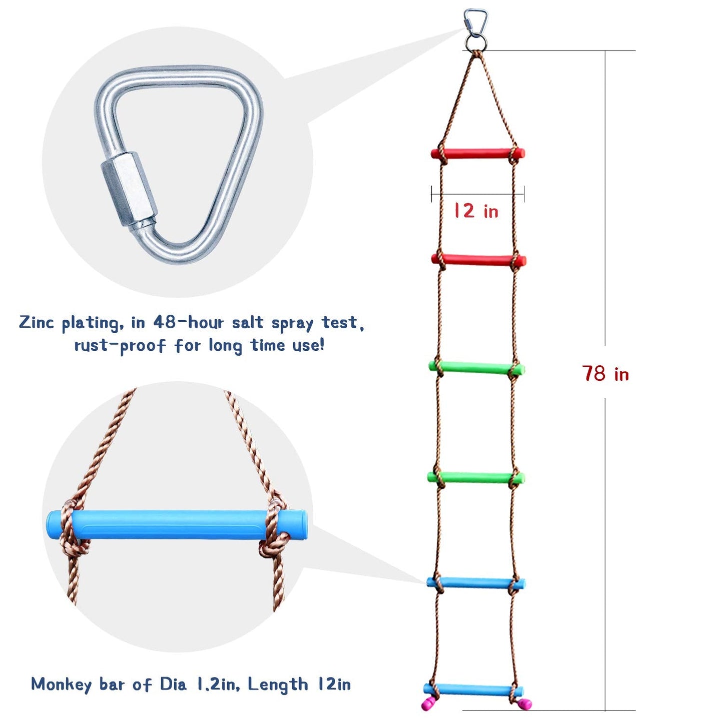 Rainbow Craft 6.6FT Climbing Rope Ninja Ladder for Kids - Kids Ninja Warrior Obstacle Course Accessories - Swing Rope Ladder