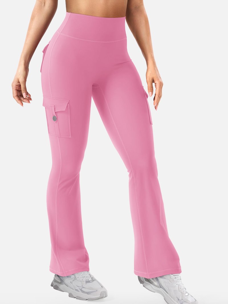 YEOREO CoreFlex Women Workout Flare Leggings with Pockets Scrunch Cargo Gym Yoga Leggings Pink M