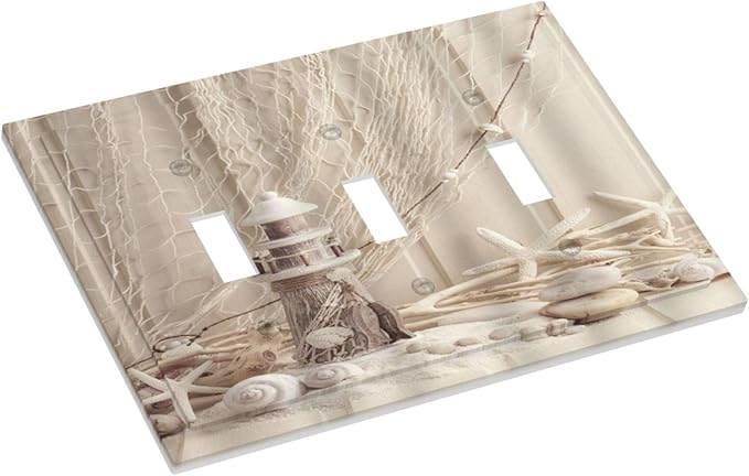 Nautical Coastal 3 Gang Light Switch Covers Seashell Fishing Net Ocean Lighthouse Starfish Triple Toggle Wall Plate Decorative Switchplate Electrical Faceplate Beach Theme Decor