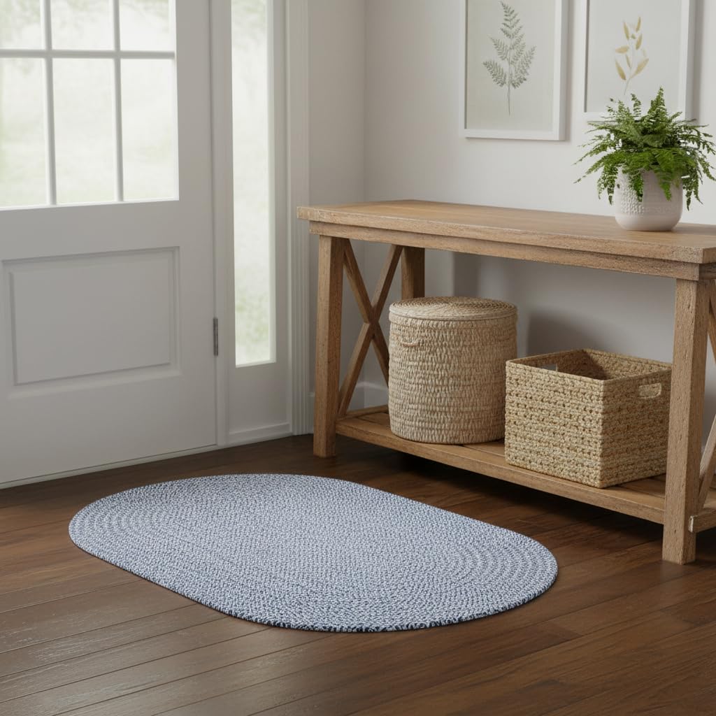 Super Area Rugs Oval Braided Rugs for Kitchen - Cotton Braided Rug 2x3 - Oval Soft Bathroom Throw Rugs, Woven Rug for Bedside, Blue & White