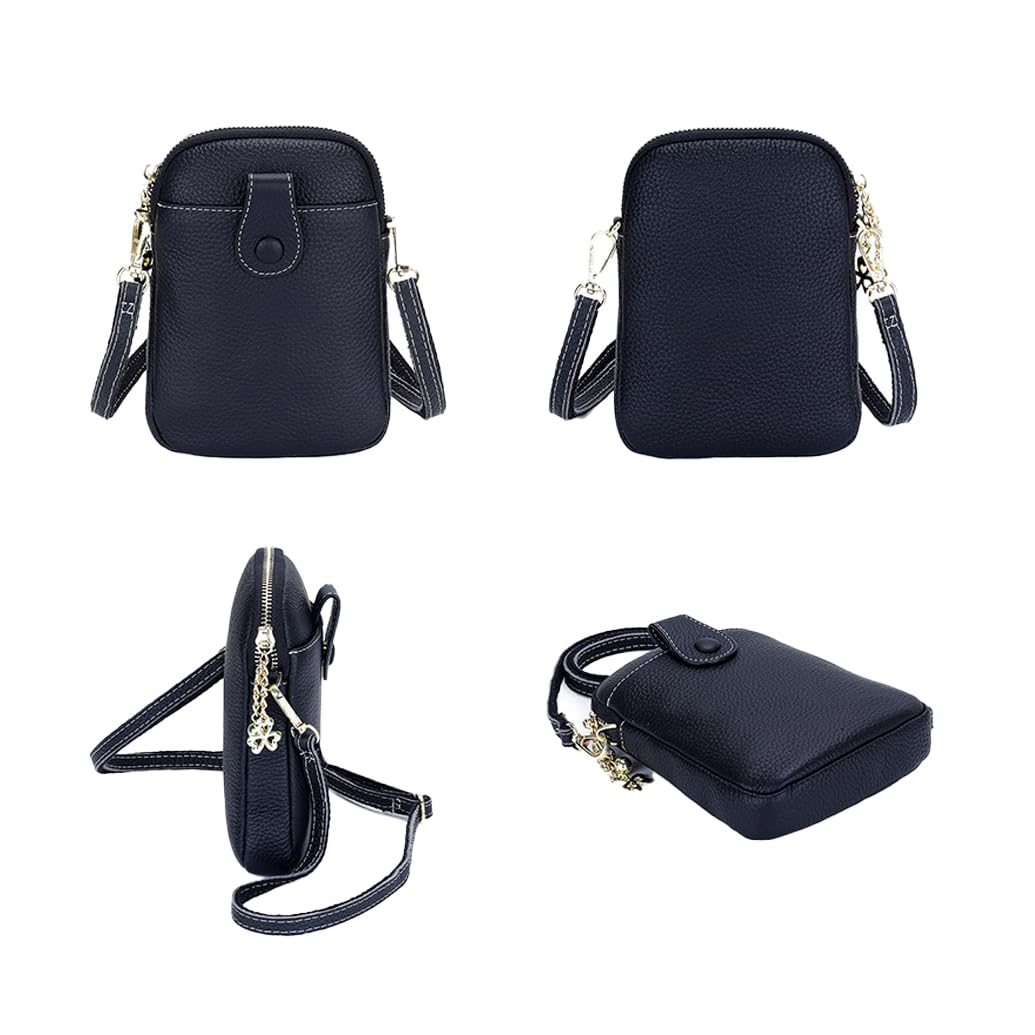 Genuine leather women's cross-body bag cowhide fashion mobile phone bag multi-functional and versatile zipper shoulder bag (Black)