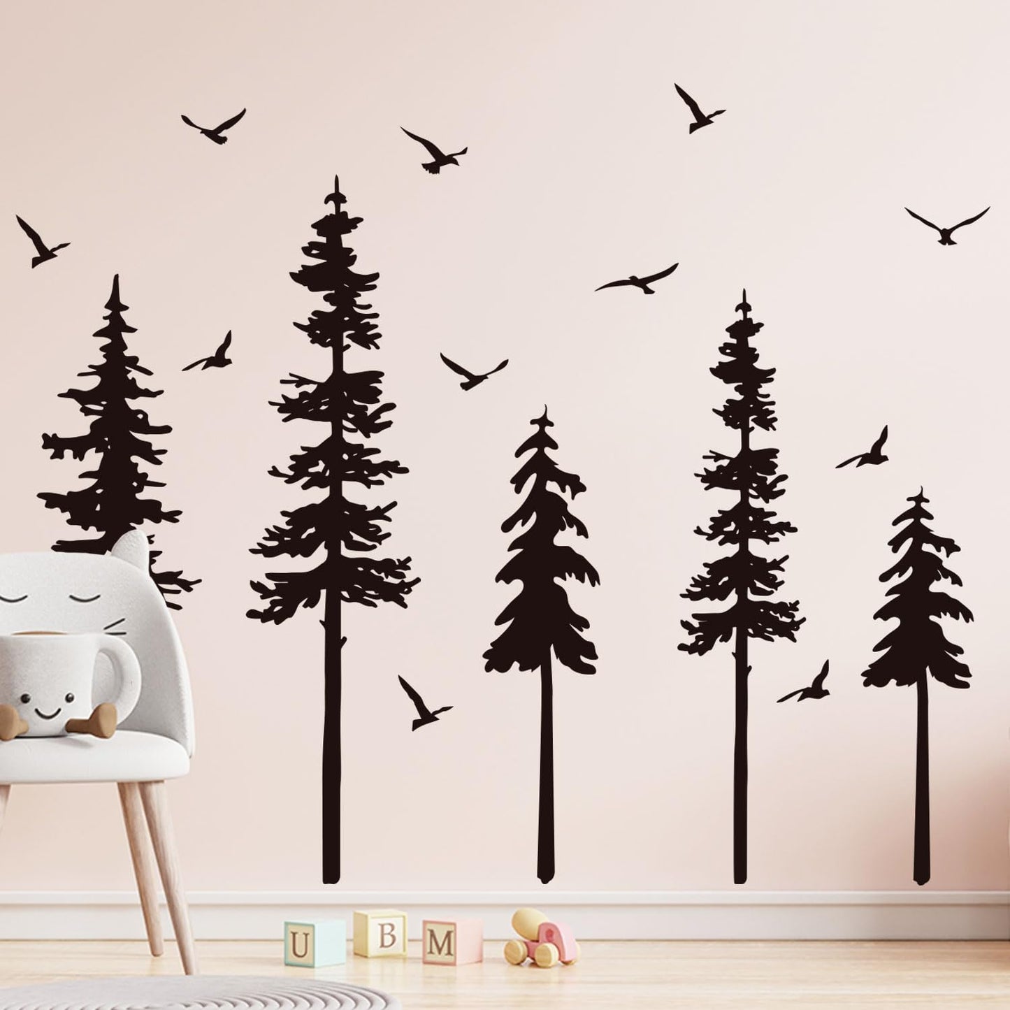 Large Pine Trees Wall Decals Black Forest Wall Stickers Christmas Decoration Wallpaper Woodland Animal Birds Mural Decals Peel and Stick Vinyl Wall Art Stickers for Bedroom