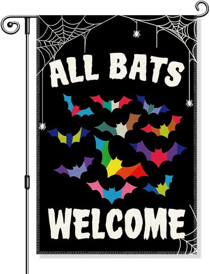 All Bats Welcome Garden Flag, Funny Equality Inclusive Yard Sign for Outside, LGBT Trans Pride Ally Flag, Halloween House Flags, Bat Fall Lawn Porch Outdoor Farmhouse Decor for Family Friend