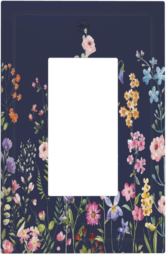 Rustic Wild Floral Darkground Vintage Watercolor Flower 1 Gang Rocker Light Switch Covers Decorative Single Decora Outlet Wall Plate Faceplate Switchplate GFCI for Bedroom Decor