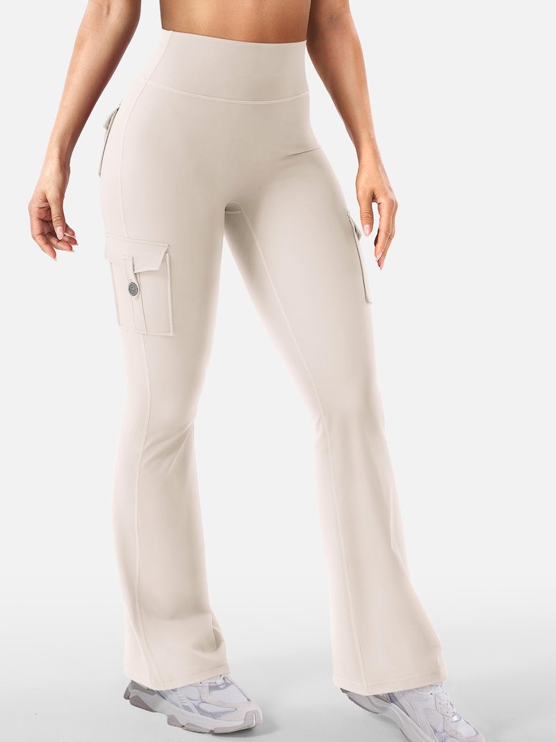 YEOREO CoreFlex Women Workout Flare Leggings with Pockets Hidden Scrunch High Waisted Cargo Gym Yoga No Front Seam Leggings Light Khaki L