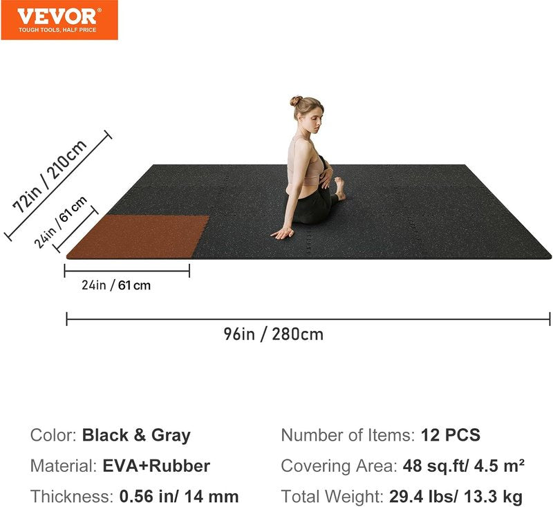 VEVOR Gym Flooring Tiles - Interlocking Rubber Mats with High-Density EVA Foam | 25 x 25In, Black & Gray, 48 sq.ft