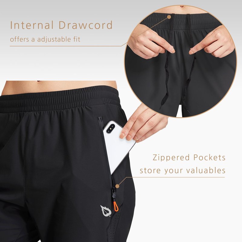 baleaf Women's Joggers Running Pants Quick Dry Lightweight Workout with Zipper Pockets Drawstring Hiking Travel Gym Black M
