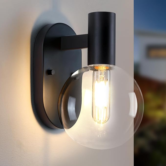Outdoor Wall Light Fixture, Indoor Outdoor Wall Sconce, Waterproof Outdoor Porch Light, Black Vanity Light Fixture with Clear Globe Glass, Anti-Rust E26 Socket for Bathroom, Garage, Patio