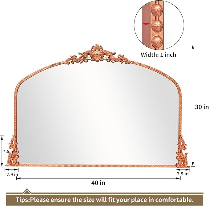 Growsun Arched Mirror, 40’’x30’’ Antique Baroque Traditional Ornate Wall Mirror Decor with Full Metal Frame for Fireplace/Entryway/Living Room/Bathroom