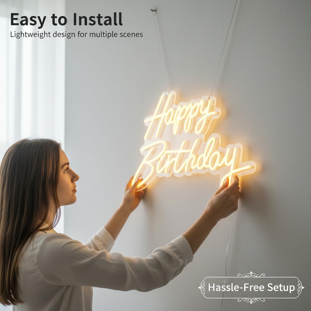 HMT Happy Birthday Neon Sign USB Powered 19.6×11.8 Inch Large LED Light Up Sign for Backdrop & Birthday Party Decor