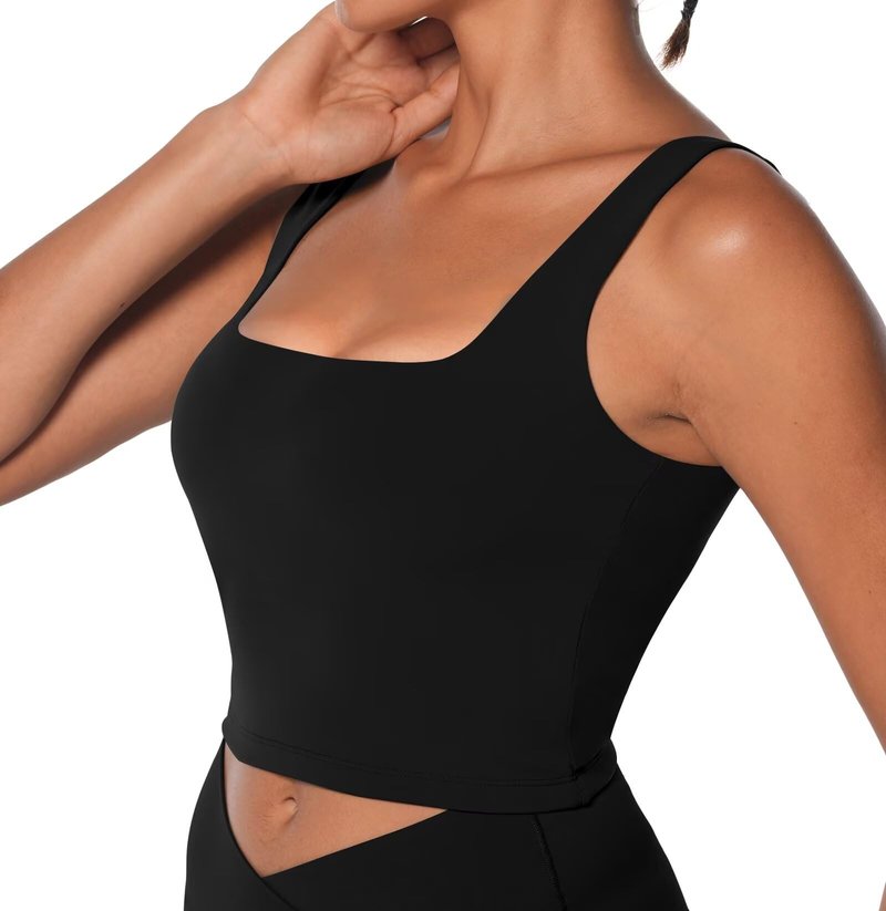 Sunzel Women's Double Lined Tank Top, Sleeveless Square Neck Crop Top, Yoga & Fitness Fitted Workout Casual Activewear Shirt Black Medium