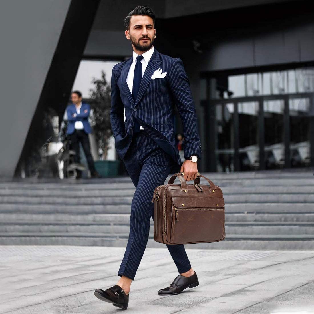Bosidu Leather Briefcases for Men 15.6 Inch Laptop Messenger Bag with Triple Compartments Water-Resistant Computer Shoulder Bag for Business, Travel, Work, Office, Brown