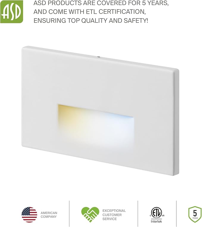 ASD LED Recessed Step Light Fixture, Dusk to Dawn Outdoor Stair Tread Lighting | 3CCT, Photocell, Waterproof, ETL Listed | 3W 120LM 3000K-5000K 120V | Staircase Hardwired Illumination | White