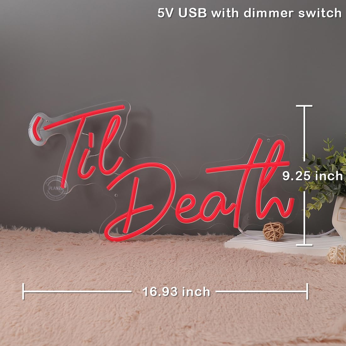 Planzo Til Death Neon Light Sign for Halloween Gothic Wedding Party Engagement Bridal Shower Banner Bedroom Wall Decor Light 5V USB Powered with Dimmer Switch 17IN Red