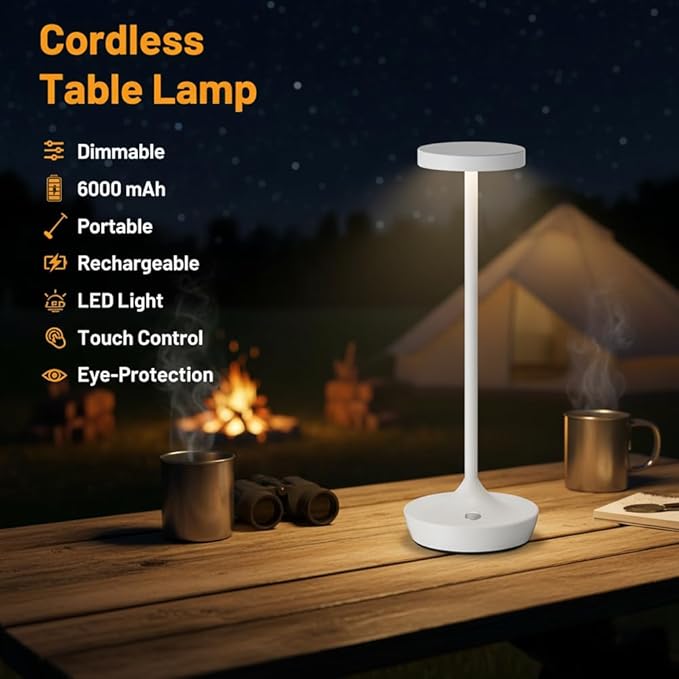Cordless Table Lamp Rechargeable - 6000mAh LED Battery Operated Table Light - Portable Touch Dimmable Outdoor Waterproof Table Lamps for Patio Bar Restaurant Dining (2 White)