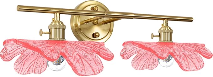 2 Light Bathroom Vanity Lights Over Mirror, Vintage Wall sconces with Pink Glass Shade Bathroom Sconce Gold Vanity Lighting Fixture mid Century Wall Sconce Light for Bedside Bedroom Doorway