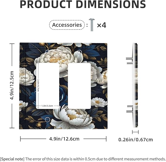 White Gold Blue Flower Dual Outlet Covers Wall Plate 2 Gang Rocker Decora Decorative Switchplate Electrical Faceplate GFCI Light Switch Covers for Farmhouse Living Decor