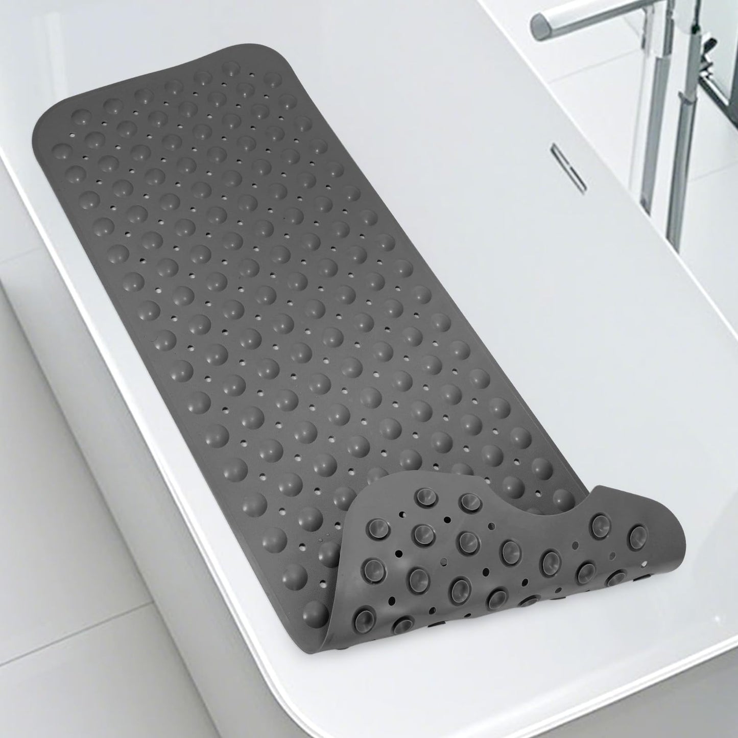 WarmSnow（TPE） Long Bathtub Mat Non Slip 39.5 x 16 Inch, Inside Shower Mats with Suction Cups & Drain Holes, Soft TPE Bath Mat for Tub, Quick-Drain Bathroom Floor Mats, Dark Gray