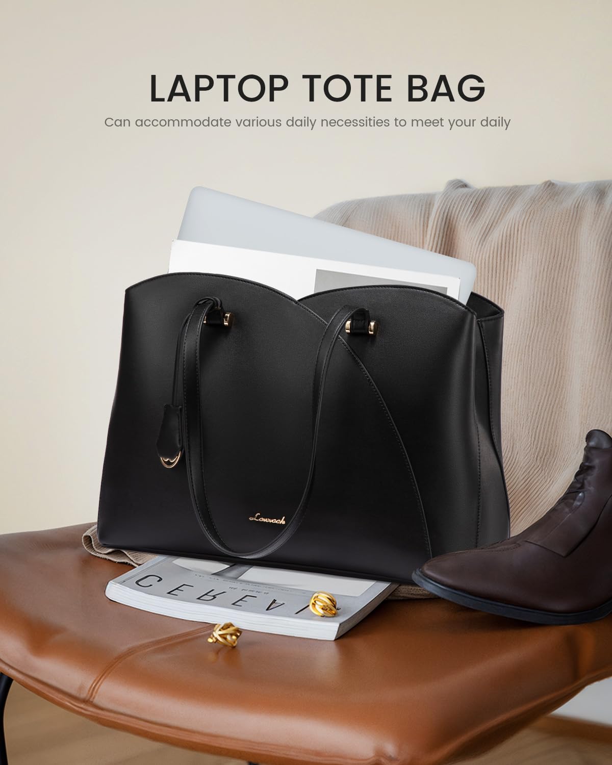 LOVEVOOK 17 Inch Laptop Tote Bag for Women, Work Bags Laptop Bag Teacher Tote Bag, Leather Computer Bag Large Purses Handbag Professional Briefcase, Black