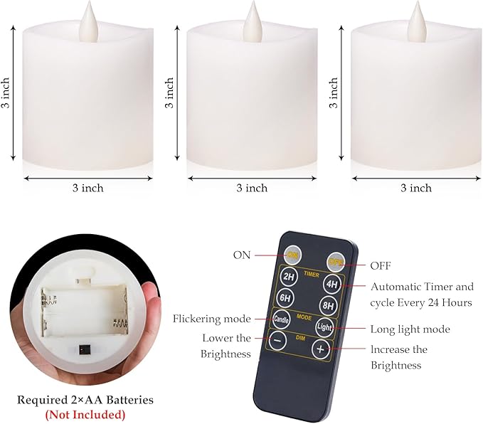 Flameless Candles with Flickering Flame & Remote - 3×3'' Battery Operated LED Pillar Candles, Smokeless Fake Candles for Indoor Use - Realistic 3 Inch Drip-Free Candles with Timer (White, 3-Pack)
