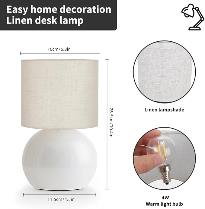 Small Table Lamp for Bedroom,Bedside Nightstand Lamp for Living Room,Minimalist Bedside Light lamp Set of 2, 10.4 Inch Desk Light for Bedroom, Living Room,Including Light Bulb（White）