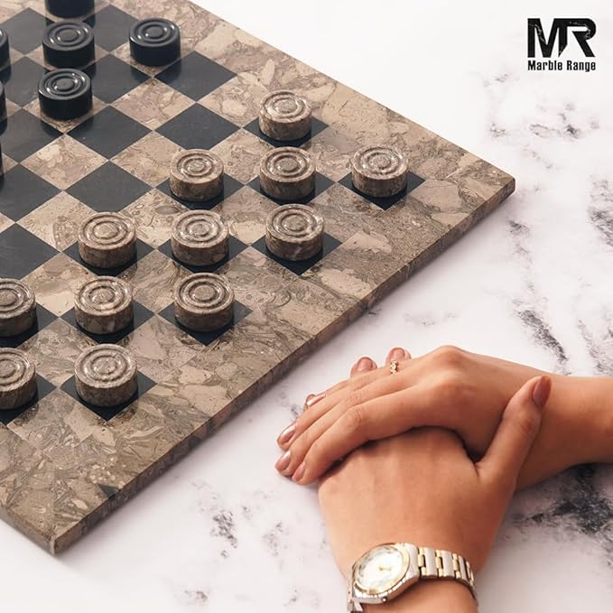 Marble Checkers Board Game 15 Inches Oceanic and Black Handmade 2-Player Tournament Checker Set Board Game Set – Elegant Holiday