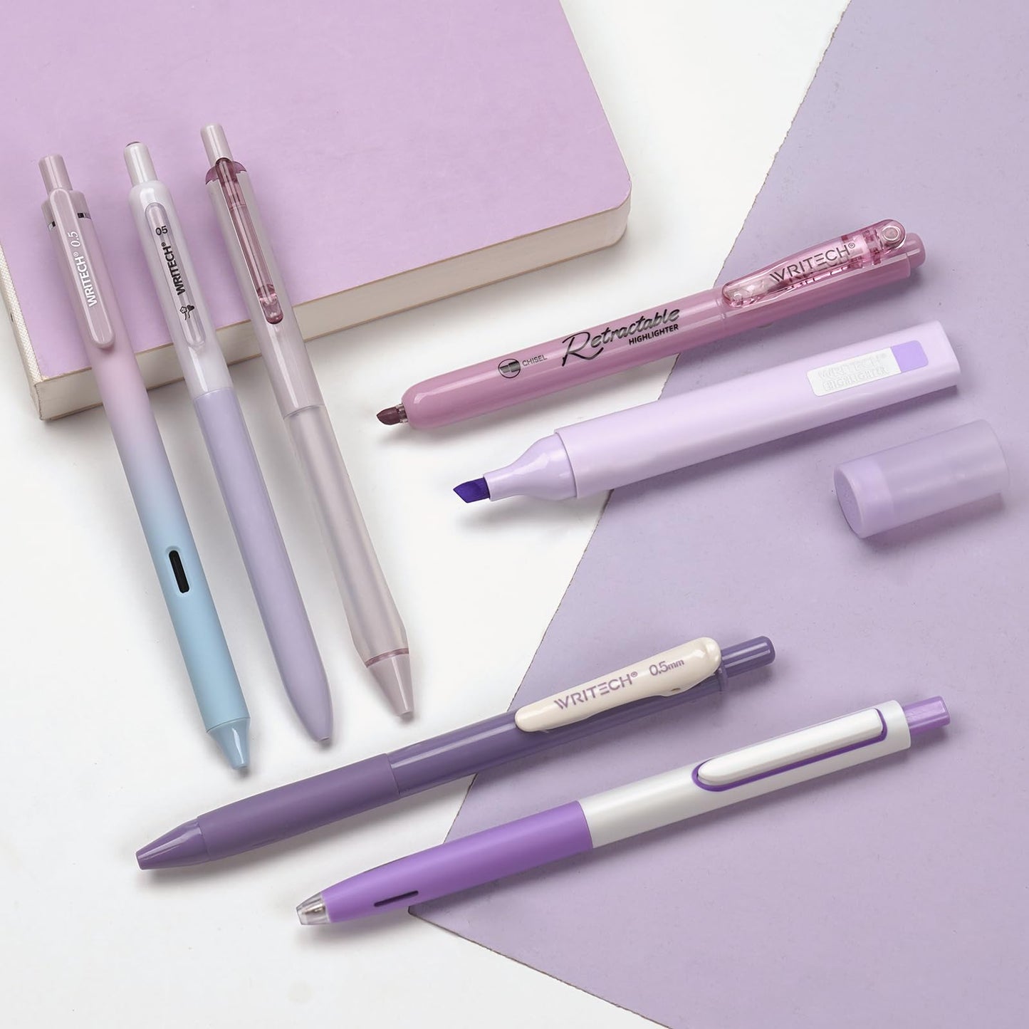 WRITECH Gel Pens Journaling Highlighters: Journal Set Aesthetic Assorted Pastel Color Ink 0.5mm Fine Point Retractable 0.7mm Black Pen Smooth Writing Drawing No Bleed 7ct (Purple)