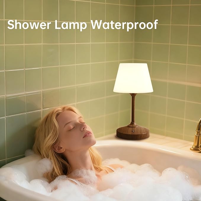 Table Lamp Cordless Lamp,Outdoor Waterproof Shower Lamps,5000mAh Rechargeble Battery Operated Lamp Dimmable Touch Desk Lamps,LED Night Light for Bathroom Patio Camping Restaurant Home(Walnut)