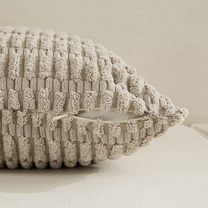 Fancy Homi Taupe Lumbar Decorative Throw Pillow Covers 12x20 Inch for Living Room Couch Bed Sofa, Rustic Farmhouse Boho Home Decor, Soft Striped Corduroy Rectangle Cushion Case 30x50 cm